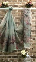 Organza Saree Floral Print Fabric, Sage Green Indian Fashion Fabric - SR03 - £35.13 GBP