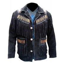 New Mens Black Western Style Suede Leather Jacket Patches Fringes Bone 2019 - $143.99