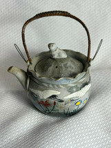 Vtg Small Clay Pottery Miniature Handpainted Teapot Wicker Handle Painte... - $39.95