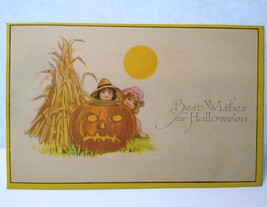 Halloween Postcard Children JOL Pumpkin Sun Corn Field Pink Of Perfection 606 - £41.78 GBP