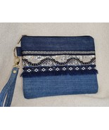 Zippered jeans clutch Boho style Blue Golden wristle blue jeans small bag - $39.00