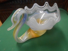 Beautiful Art Glass Swirl design White &amp; Orange-Blue  SWAN BOWL Centerpi... - £23.38 GBP