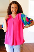 Tell Your Story Fuchsia Geo Print Puff Sleeve V Neck Top - £25.96 GBP