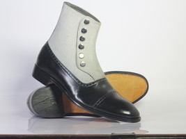 Handmade Men&#39;s Black White Leather Denim Cap Toe Button Boots, Men Designer Boot - £127.49 GBP