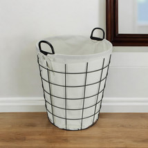 Large White Fabric Lined Metal Laundry Type Basket With Handle - $123.11