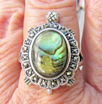 RJ Graziano Sterling Silver TURTLE Abalone Marcasite Vintage Ring Size 9 - $37.57