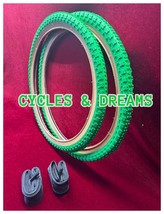 Two Vintage Old School Comp Iii Bmx Tires 20 X 1.75 In Green / Gum, With Tubes - £31.64 GBP