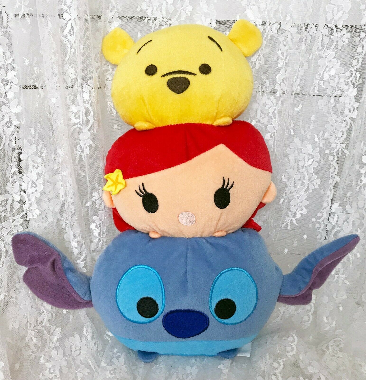 Disney Tsum Tsum Pillow Stacking Stitch Ariel and Pooh 15&quot; x 9&quot; x 2&quot; Emb... - $14.01