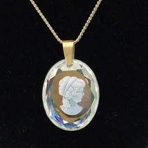 INTAGLIO cameo pendant necklace - vintage iridescent clear glass pale go... - $23.00
