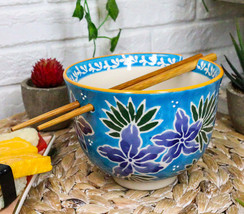 Ebros Pack Of 2 Blue Spring Flowers Ramen Noodles Soup Bowl W/ Bamboo Ch... - £24.68 GBP