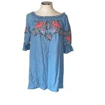 a.n.a Blue Chambray Floral Embroidered Off the Shoulder Mini Dress Size M - £18.50 GBP