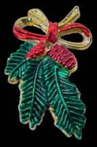 AAI Christmas Brooch Pin Vintage Pinecones Green Branches Red Bow Signed Enamel - £11.78 GBP