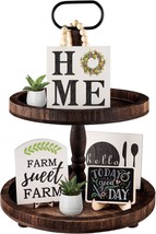 Round Kitchen Table Centerpieces, Two-Tiered Tray With Six Wooden Decor Items - £30.36 GBP