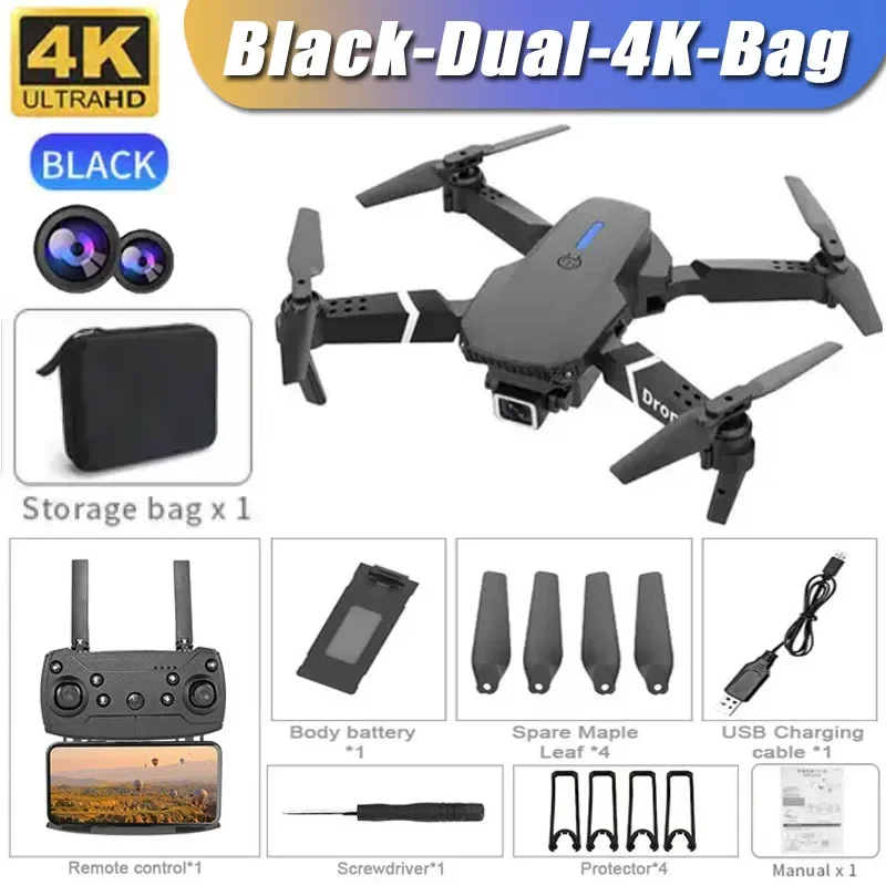 Professional E88 Drone 4K HD Camera WiFi FPV Foldable RC (Black Dual 4K) - $46.00