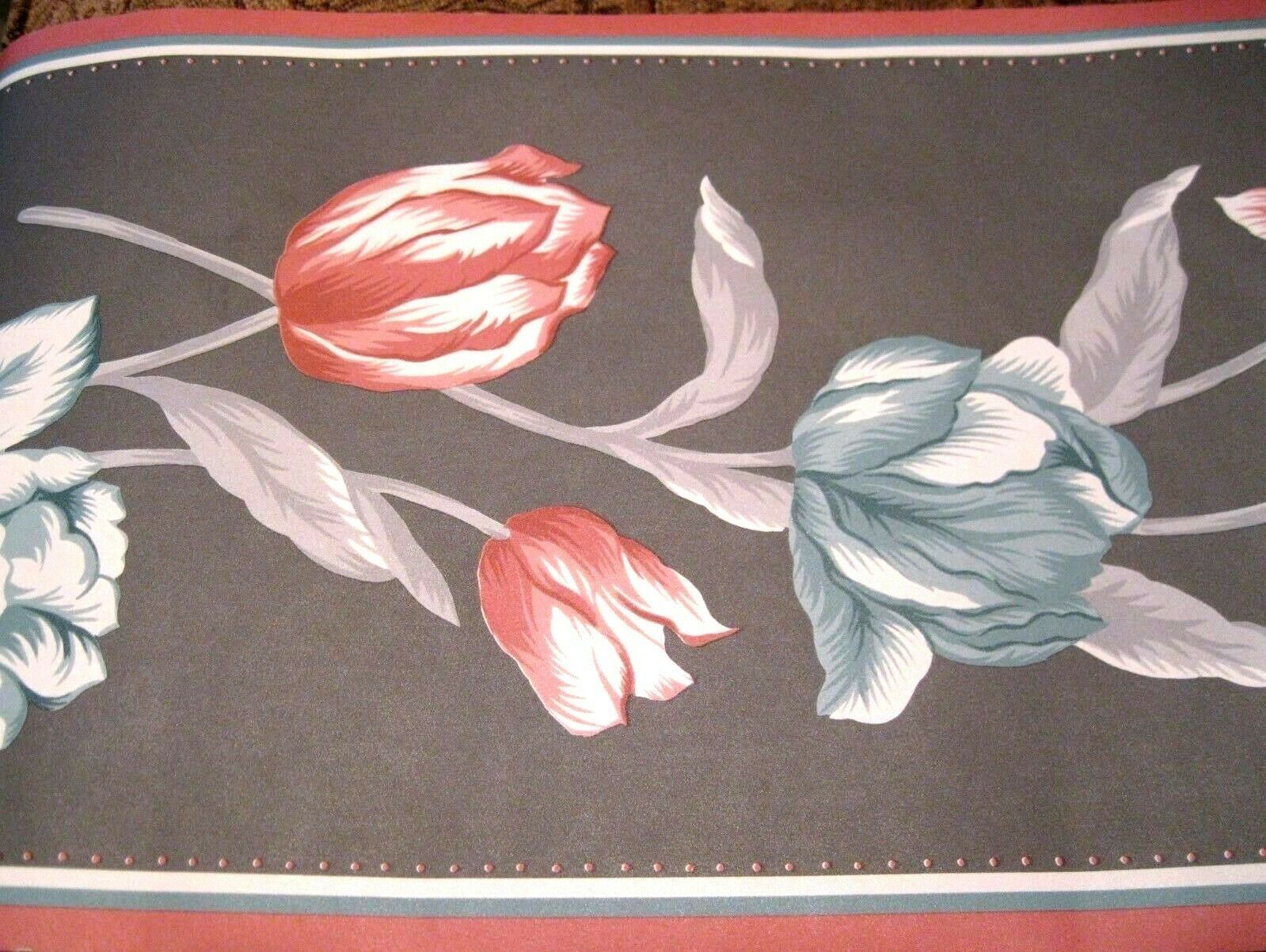 Primary image for Floral Charcoal Dark Gray Grey Wallpaper Border Brick Red +Teal Tulips PD-8001B