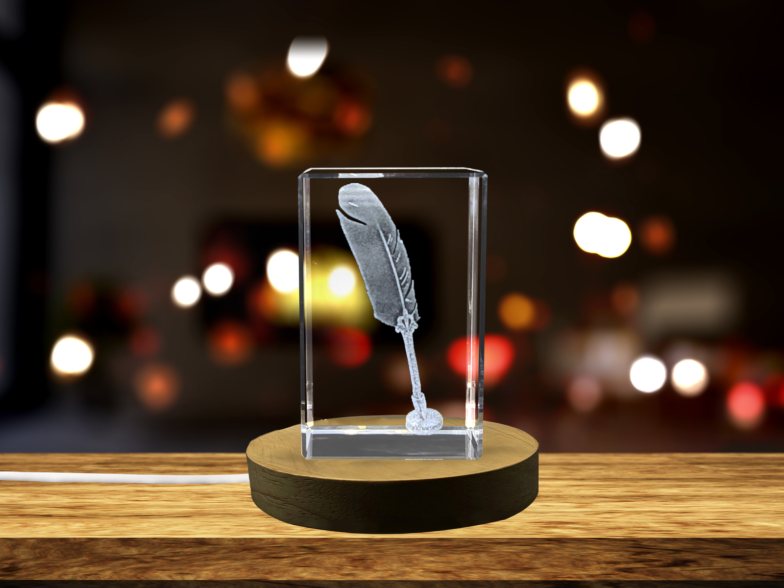 LED Base included | Vintage Style 3D Engraved Crystal Feather Pen - Elegant