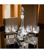 Toscany Hand-blown Romania Decanter w 5 Stemmed Glasses Etched Floral De... - $35.63