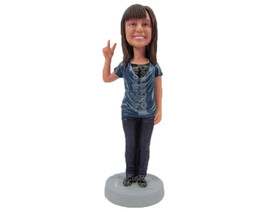 Custom Bobblehead Happy Cute Girl In Stylish Top With Peace Hand Sign - Leisure  - £69.82 GBP