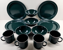 12 Pc Enamelware Green White Speckled Plates Bowls Mugs Set Camp Hike Hu... - $68.97