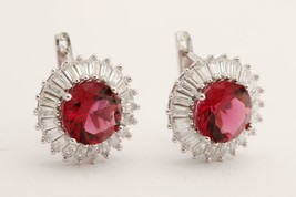 Delicate 4Ct Round Cut Red Ruby Diamond Huggie Hoop Earrings 14K White Gold Over - £68.85 GBP