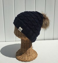 Winter Knit Beanie Hat Skull Cap Soft Solid Dark Blue w/Camel Fur Pom Re... - £6.07 GBP