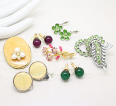 Vintage Jewellery Job Lot Brooch Pins Brooches Earrings, Green Glass Enamel - $21.86