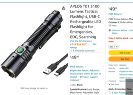 APLOS T01 3100 Lumens Tactical Flashlight, USB-C Rechargeable - £18.68 GBP