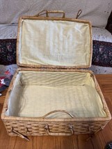 Vintage Wicker Picnic Basket Yellow Checker, Lined Suitcase - $49.45