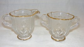 Vintage Glass Footed Creamer Sugar Set Frosted Floral Design Gold Trim 12b - $553.18 MXN