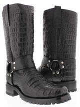 Mens Black Biker Boots Crocodile Belly Pattern Leather Cowboy Motorcycle Square - £151.84 GBP
