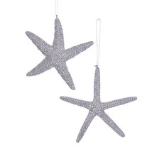 Kurt Adler 5&quot; Resin Silver Glitter Starfish Set Of 2 Nautical Xmas Ornaments - £15.03 GBP