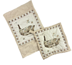 Flour Sack Cloth Dishcloth and Potholder Set Cream Floral Quilted Classic Goose - £18.82 GBP