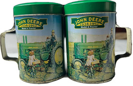 VTG John Deere Tin Salt &amp; Pepper Shakers Metal Farm Field Scene Tractor - £8.30 GBP