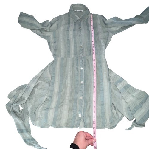 Zara Zoe Shirt Dress Sage Green Striped Cotton Linen Blend Tie Front Button XS Item image 6