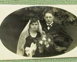 VINTAGE 1920s WEDDING PHOTO BRIDE GROOM GERMANY BLACK DRESS TOP HAT BOUQ... - $1.80