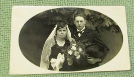 Vintage 1920s Wedding Photo Bride Groom Germany Black Dress Top Hat Bouquet B&amp;W - £1.42 GBP