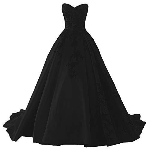 Kivary Gothic Black Lace Beaded Ball Gown Satin Long Formal Prom Evening Dresses