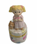 Vttg Porcelain Baby Girl w/ Dog Round Base Hinged Trinket Box - $11.53