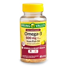 Spring Valley Omega-3 Fish Oil Softgels General & Hear Health 500 mg 60 Softgels - $21.89