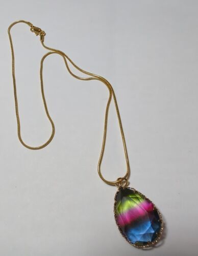 Faceted Pink, Green, Blue Glass Teardrop 18K Gold Plated Chain Necklace, Dainty - $16.82