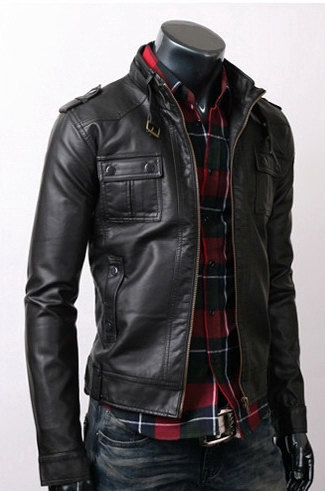 Black Biker Jacket Men Genuine Leather Belted Tab Collar Front Fastening Zipper