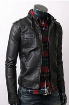 Black Biker Jacket Men Genuine Leather Belted Tab Collar Front Fastening... - $2,546.82 MXN
