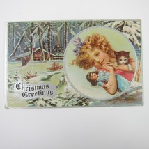 Christmas Postcard Girl Holds Cat Doll Cabin Woods Snow Silver Embossed Antique - £11.91 GBP