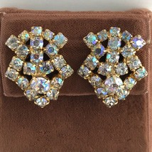 Vintage Earrings Aurora Borealis AB Rhinestones gold Tone Clip Ons Chic Fashion  - £19.33 GBP