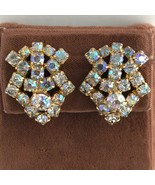 Vintage Earrings Aurora Borealis AB Rhinestones gold Tone Clip Ons Chic ... - £19.41 GBP