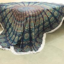 Traditional Jaipur Round Peacock Feather Mandala with Fringes Throw Tapestry, Hi - £17.57 GBP