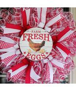 Farm Fresh Eggs Wreath  Red White Mesh Door Decor  24 Inch - $59.99