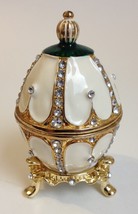 Jeweled Enamel Egg Trinket Box Jewelry Holder Rhinestones White Green Go... - $65.00