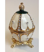 Jeweled Enamel Egg Trinket Box Jewelry Holder Rhinestones White Green Gold Stand - $65.00