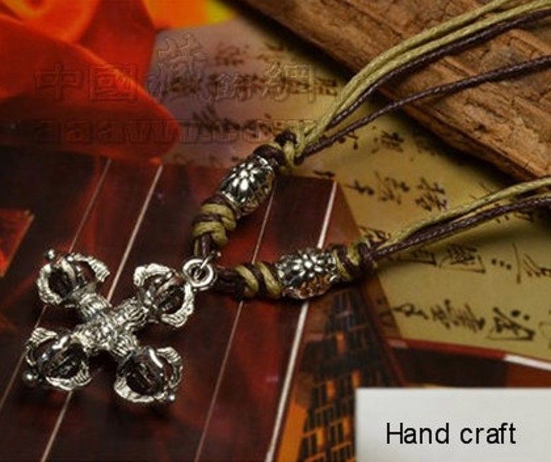 Tibetan White Copper Tantric Double Cross VAJRA DORJE Amulet Pendant Nec... - $3.51